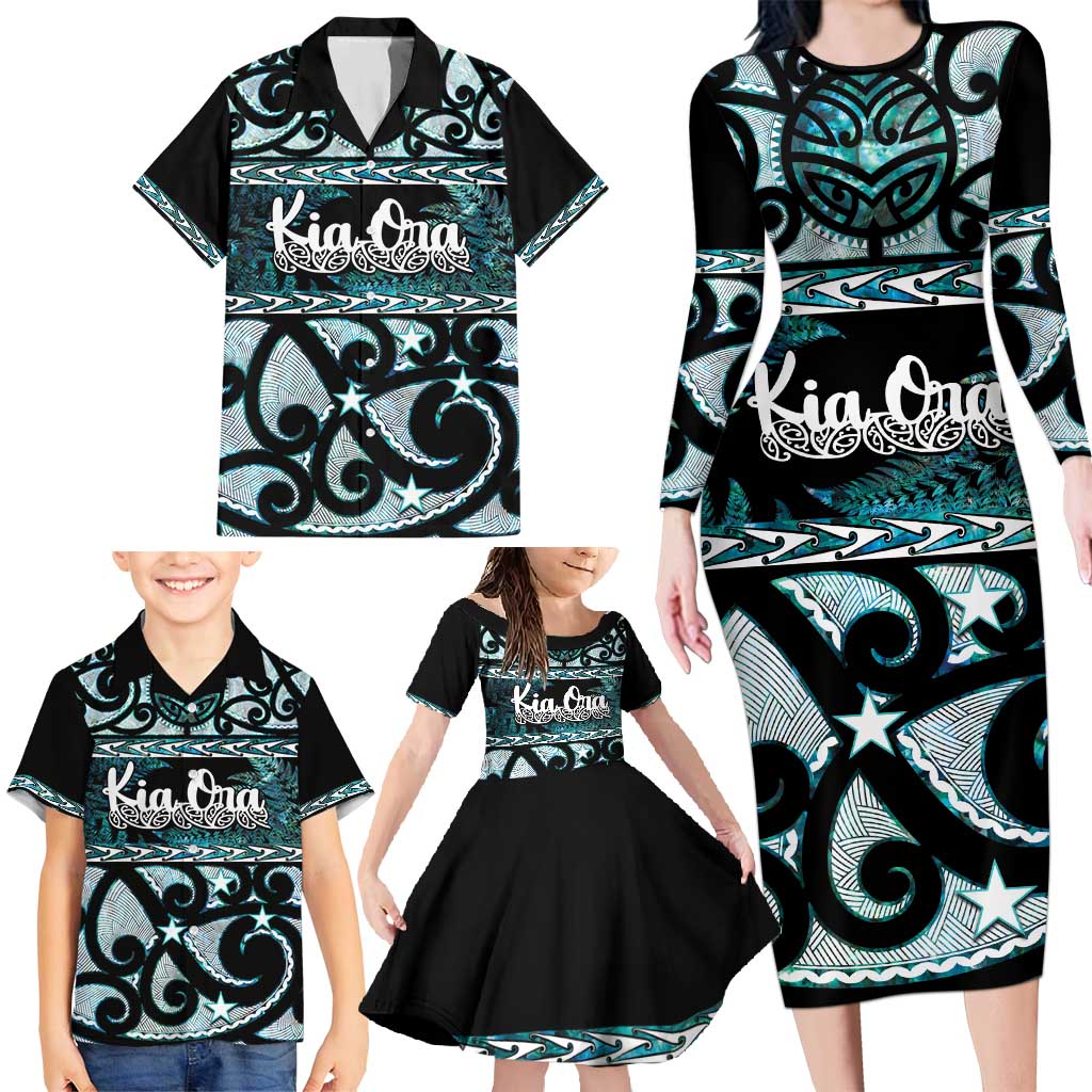 Kia Ora New Zealand Family Matching Long Sleeve Bodycon Dress and Hawaiian Shirt Aotearoa Proud Maori Paua Shell Silver Fern - Polynesian Pride