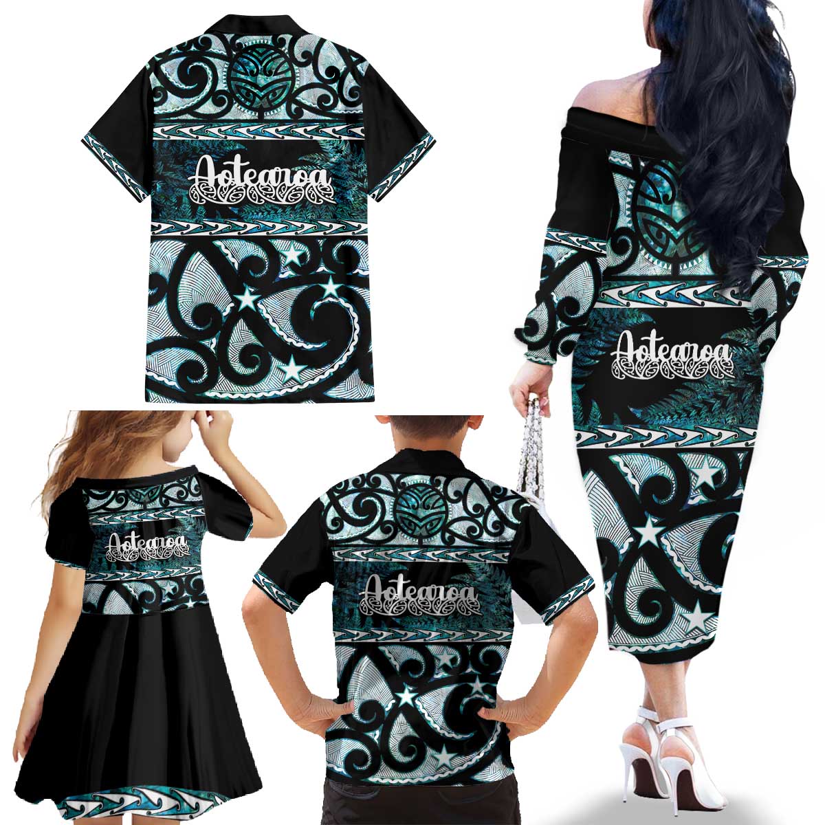 Kia Ora New Zealand Family Matching Off The Shoulder Long Sleeve Dress and Hawaiian Shirt Aotearoa Proud Maori Paua Shell Silver Fern - Polynesian Pride