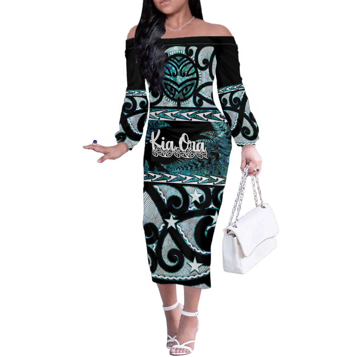 Kia Ora New Zealand Family Matching Off The Shoulder Long Sleeve Dress and Hawaiian Shirt Aotearoa Proud Maori Paua Shell Silver Fern - Polynesian Pride
