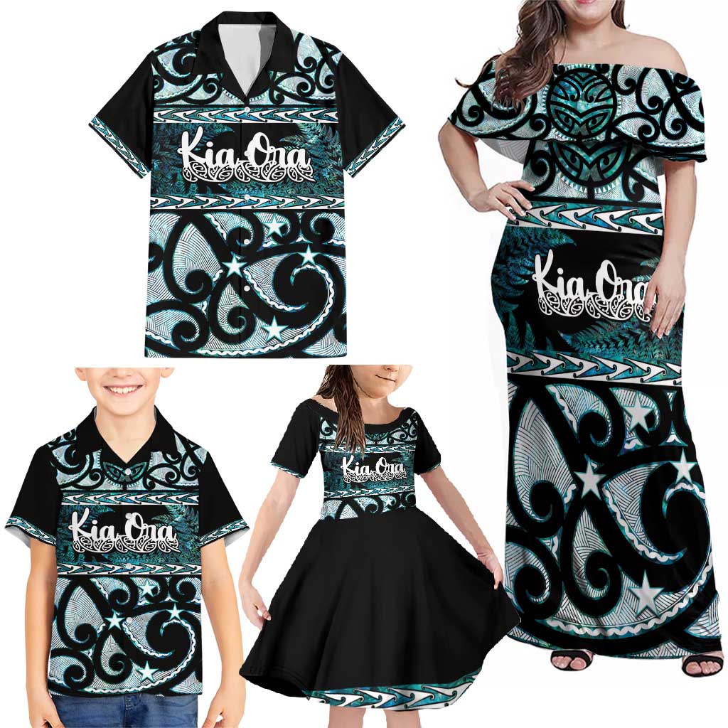 Kia Ora New Zealand Family Matching Off Shoulder Maxi Dress and Hawaiian Shirt Aotearoa Proud Maori Paua Shell Silver Fern - Polynesian Pride