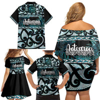 Kia Ora New Zealand Family Matching Off Shoulder Short Dress and Hawaiian Shirt Aotearoa Proud Maori Paua Shell Silver Fern - Polynesian Pride