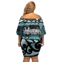 Kia Ora New Zealand Family Matching Off Shoulder Short Dress and Hawaiian Shirt Aotearoa Proud Maori Paua Shell Silver Fern - Polynesian Pride
