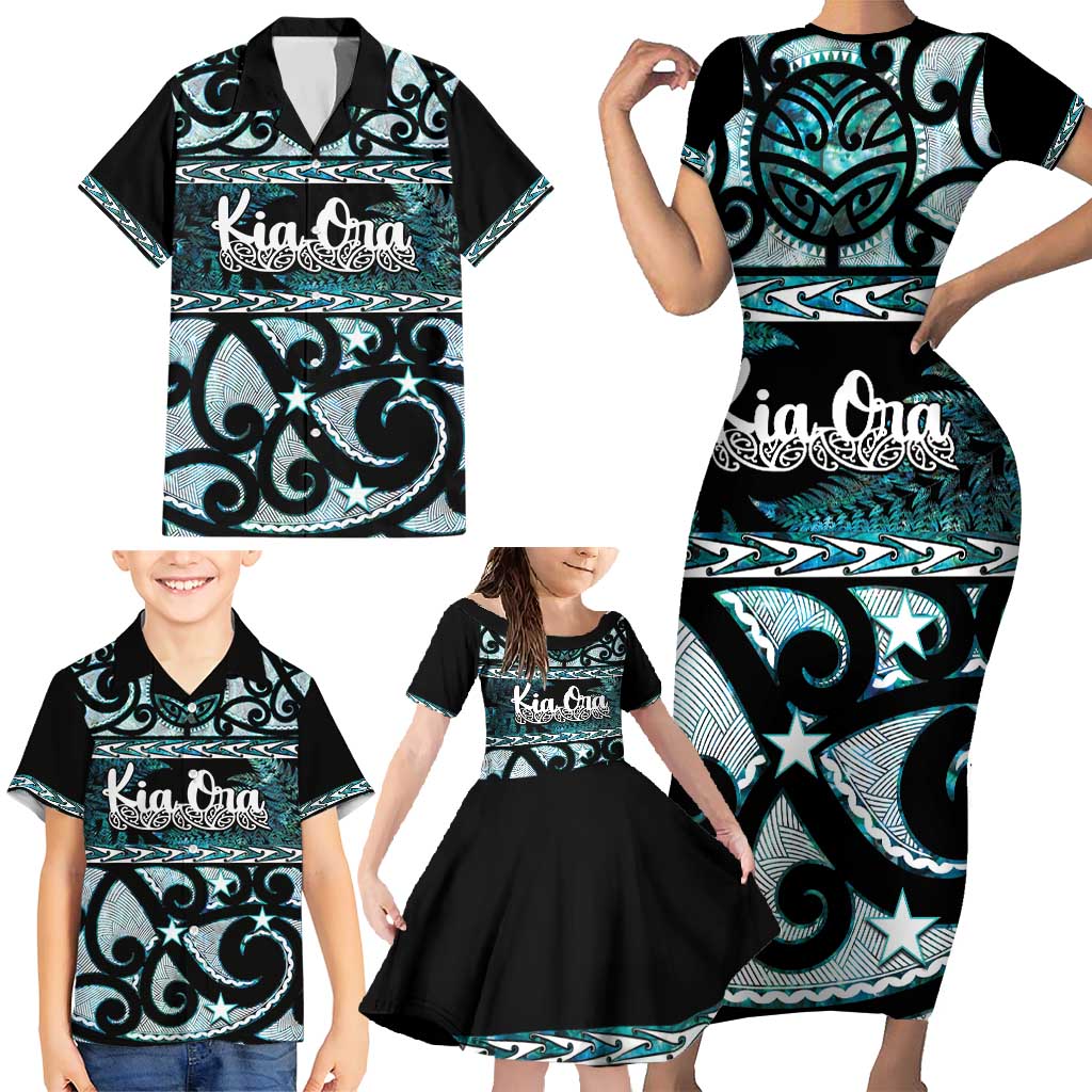 Kia Ora New Zealand Family Matching Short Sleeve Bodycon Dress and Hawaiian Shirt Aotearoa Proud Maori Paua Shell Silver Fern - Polynesian Pride