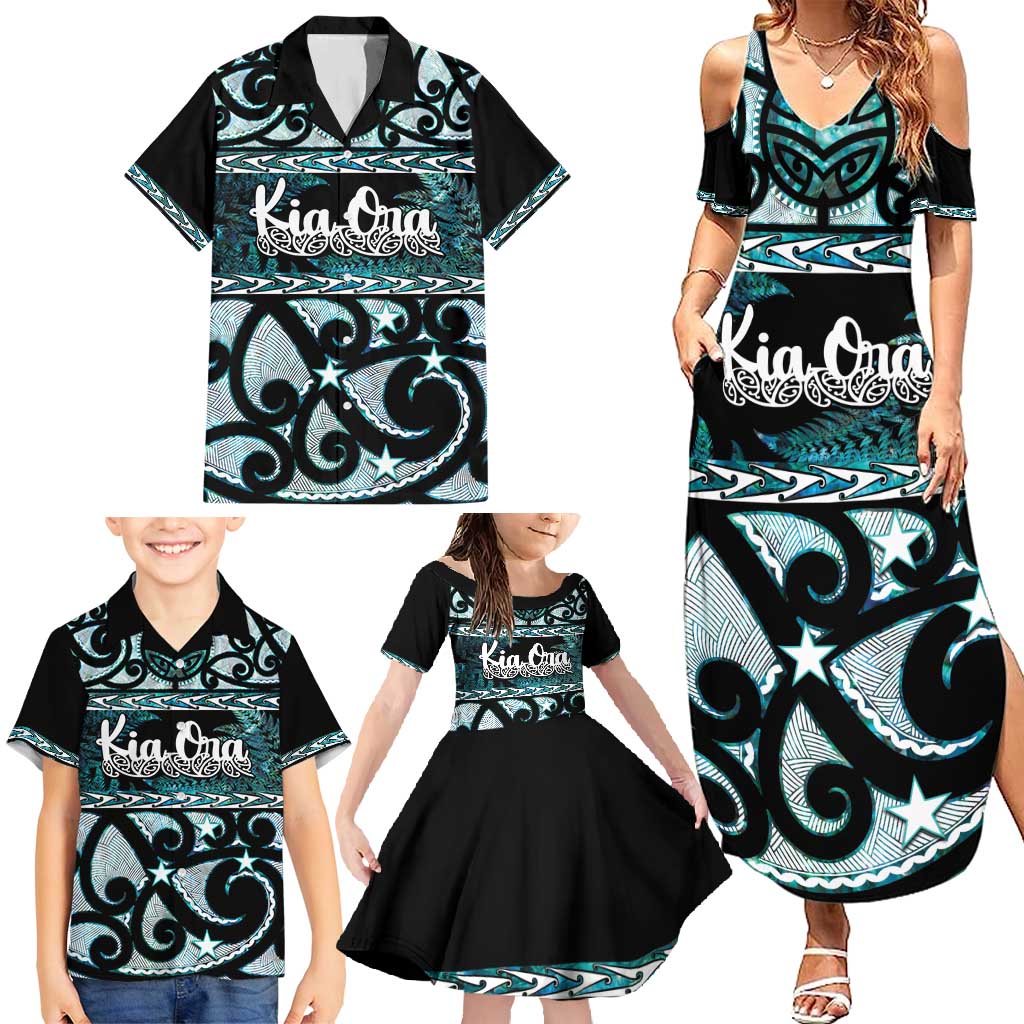 Kia Ora New Zealand Family Matching Summer Maxi Dress and Hawaiian Shirt Aotearoa Proud Maori Paua Shell Silver Fern - Polynesian Pride