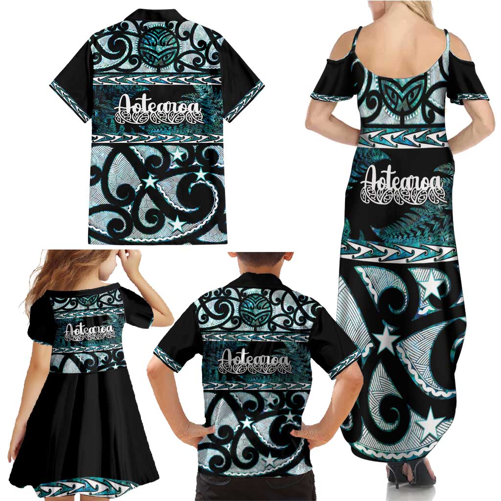 Kia Ora New Zealand Family Matching Summer Maxi Dress and Hawaiian Shirt Aotearoa Proud Maori Paua Shell Silver Fern - Polynesian Pride