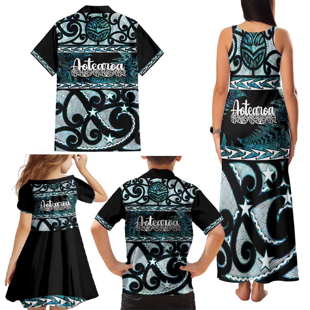 Kia Ora New Zealand Family Matching Tank Maxi Dress and Hawaiian Shirt Aotearoa Proud Maori Paua Shell Silver Fern - Polynesian Pride