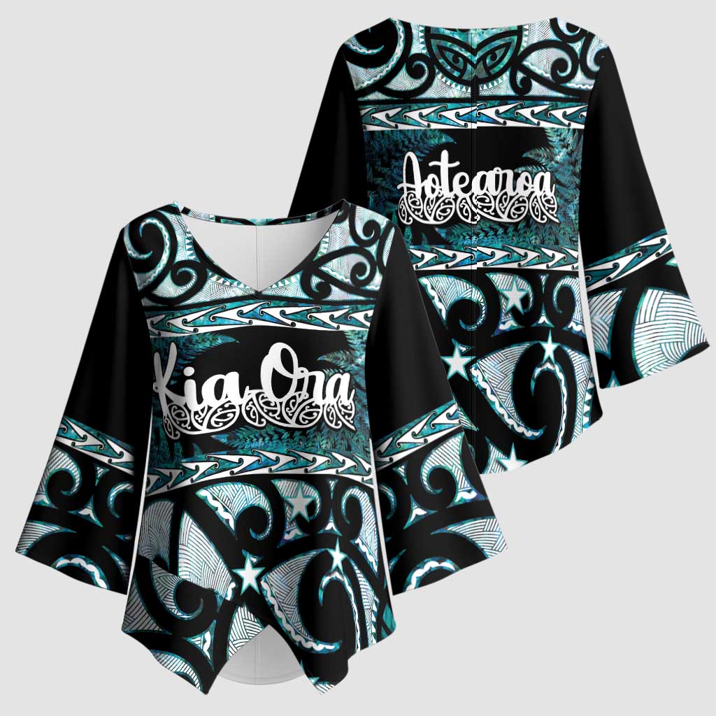 Kia Ora New Zealand Kimono Sleeve Blouse Aotearoa Proud Maori Paua Shell Silver Fern - Polynesian Pride
