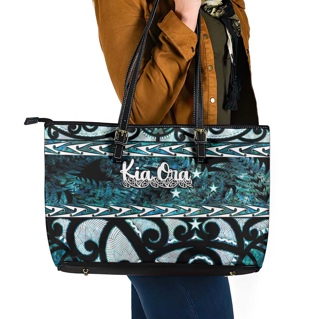 Kia Ora New Zealand Leather Tote Bag Aotearoa Proud Maori Paua Shell Silver Fern - Polynesian Pride