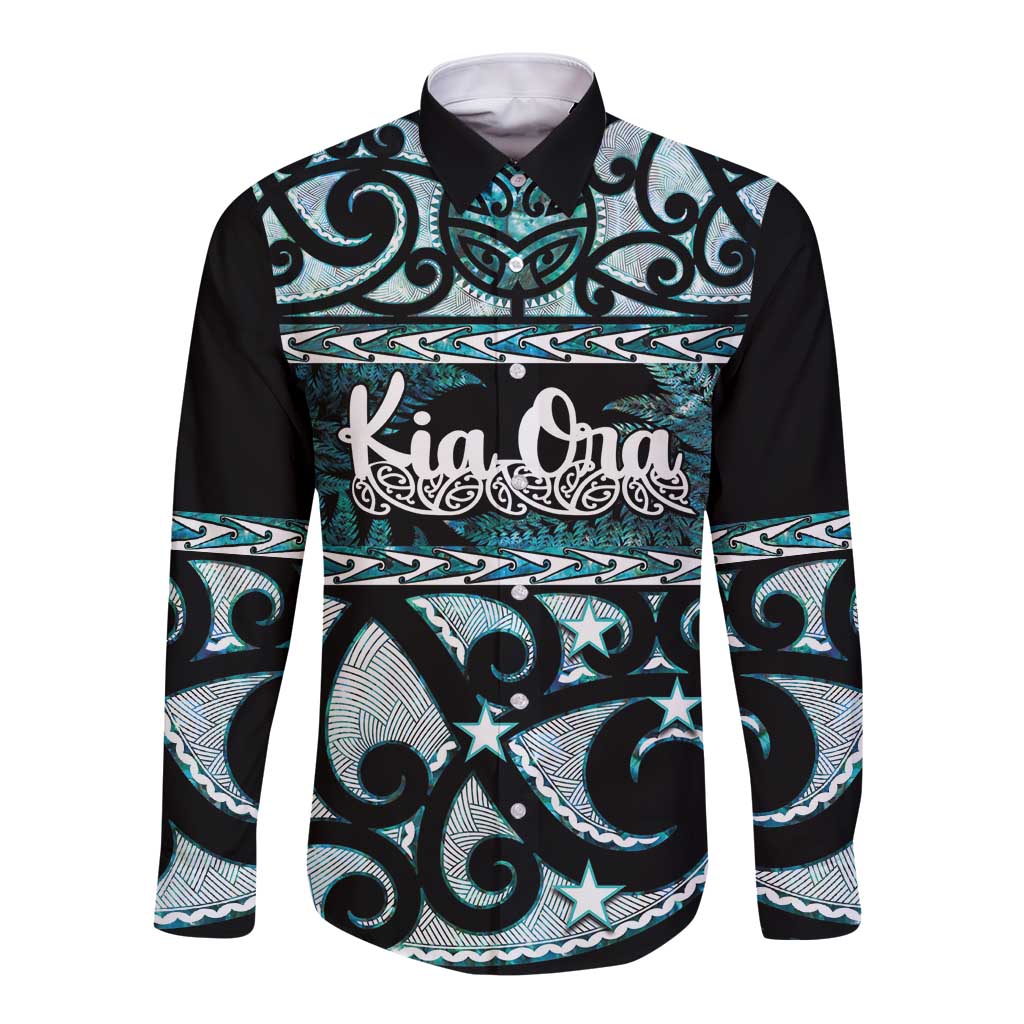Kia Ora New Zealand Long Sleeve Button Shirt Aotearoa Proud Maori Paua Shell Silver Fern - Polynesian Pride