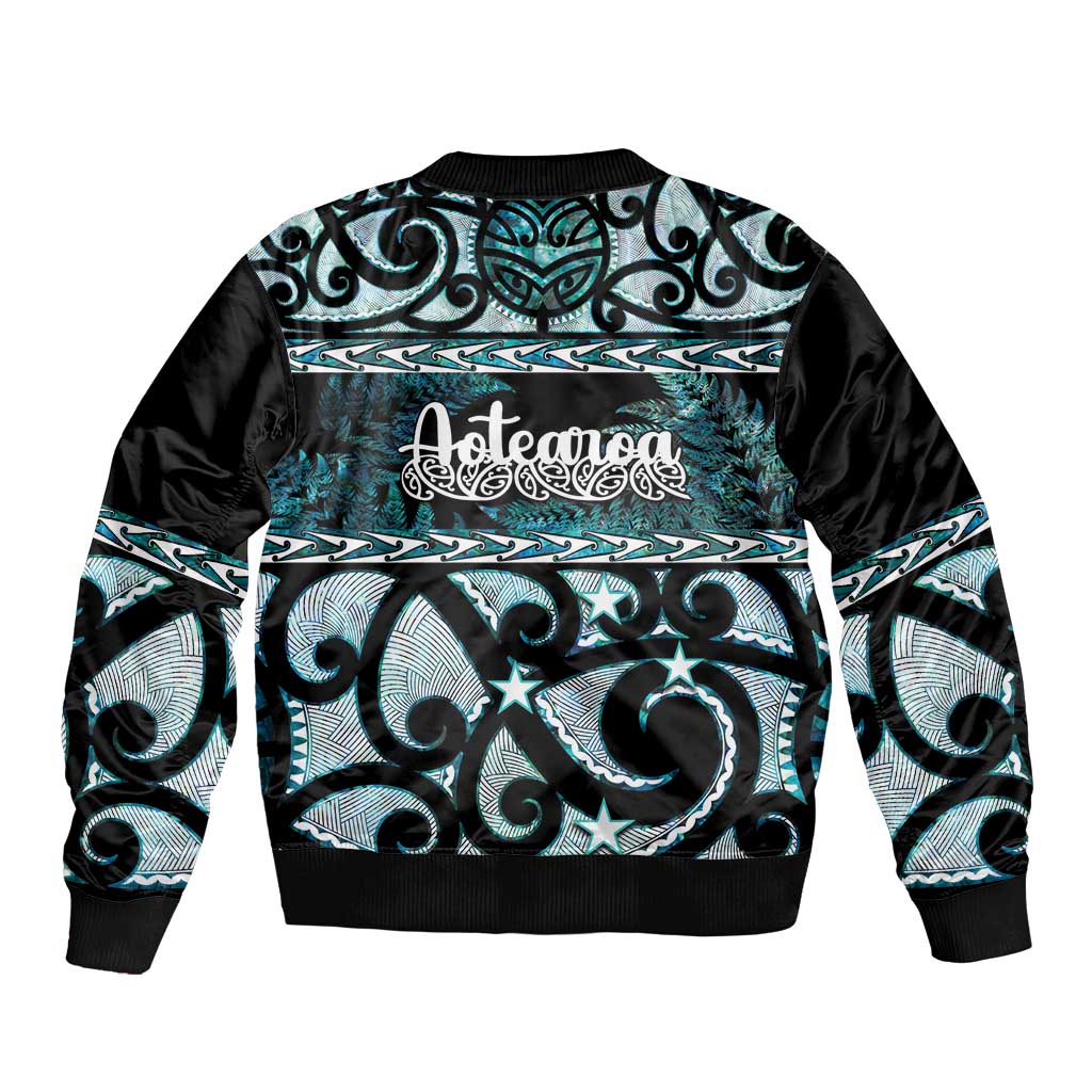 Kia Ora New Zealand Sleeve Zip Bomber Jacket Aotearoa Proud Maori Paua Shell Silver Fern - Polynesian Pride