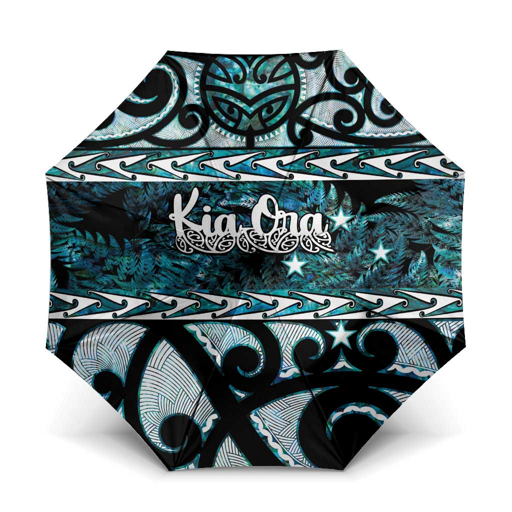 Kia Ora New Zealand Umbrella Aotearoa Proud Maori Paua Shell Silver Fern - Polynesian Pride