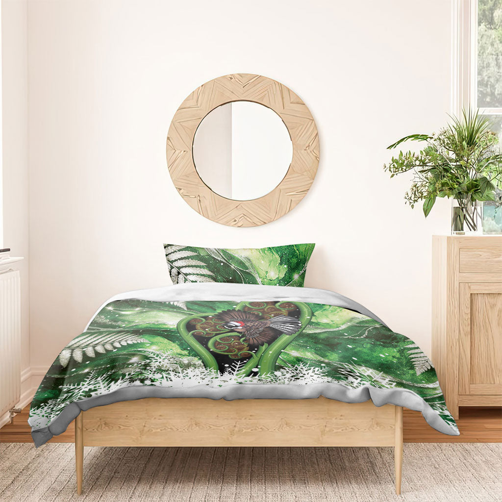 Piwakawaka New Zealand Christmas In July Bedding Set NZ Aroha Koru Fern Marble Vibes
