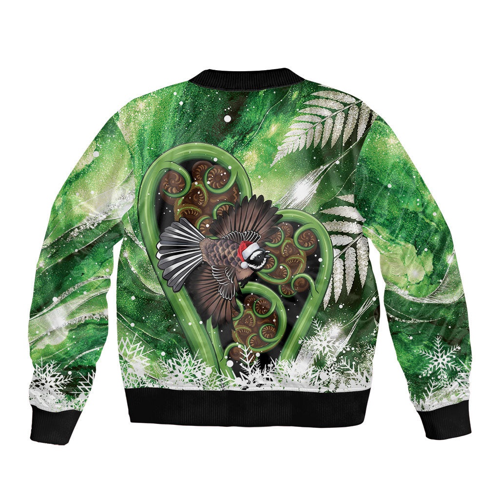 Piwakawaka New Zealand Christmas In July Bomber Jacket NZ Aroha Koru Fern Marble Vibes