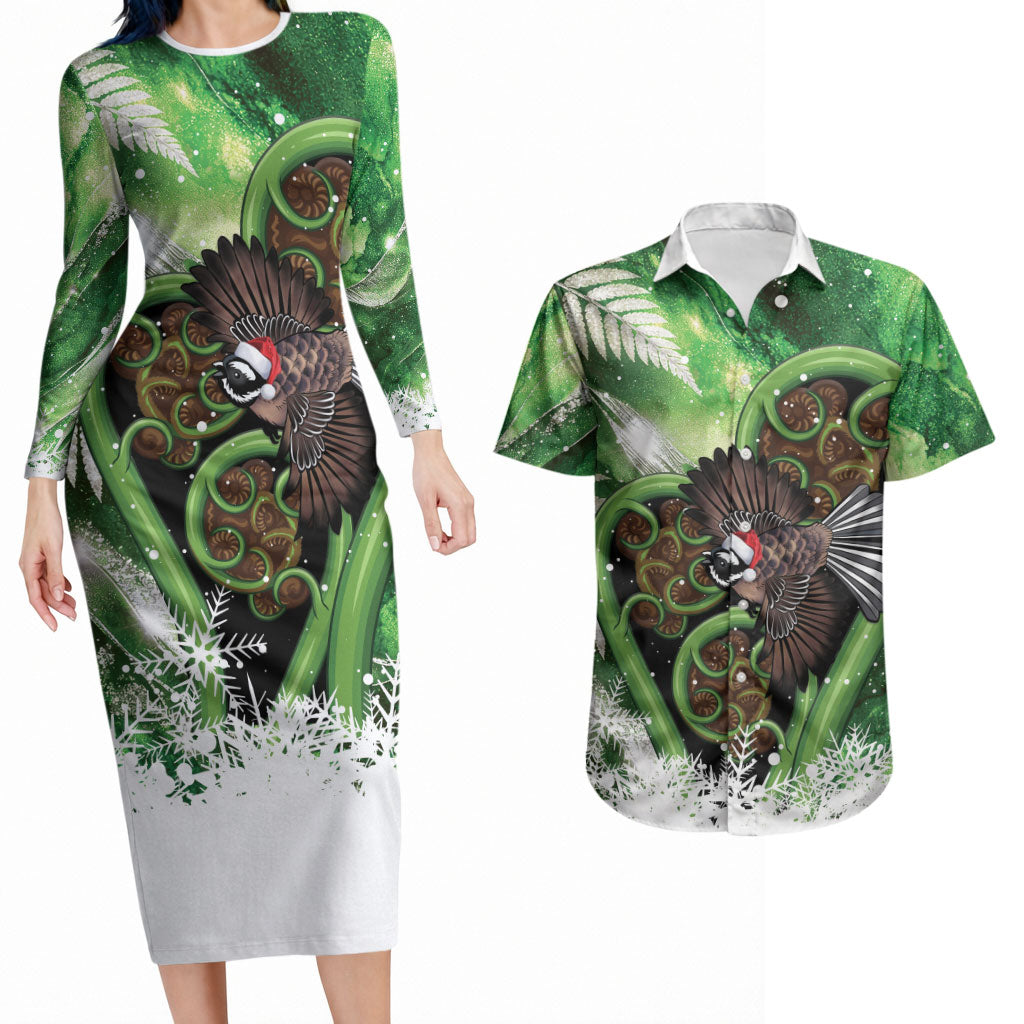 Piwakawaka New Zealand Christmas In July Couples Matching Long Sleeve Bodycon Dress and Hawaiian Shirt NZ Aroha Koru Fern Marble Vibes LT14 Green - Polynesian Pride