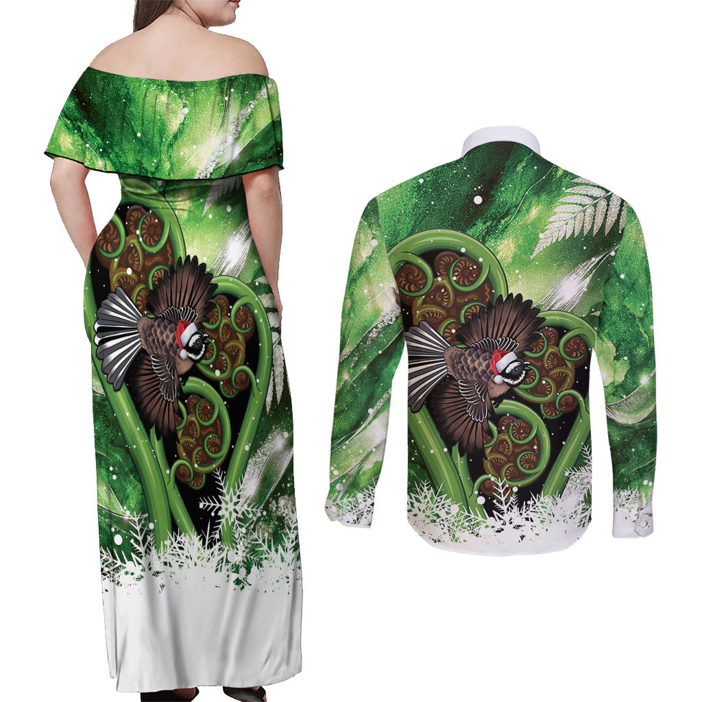 Piwakawaka New Zealand Christmas In July Couples Matching Off Shoulder Maxi Dress and Long Sleeve Button Shirt NZ Aroha Koru Fern Marble Vibes