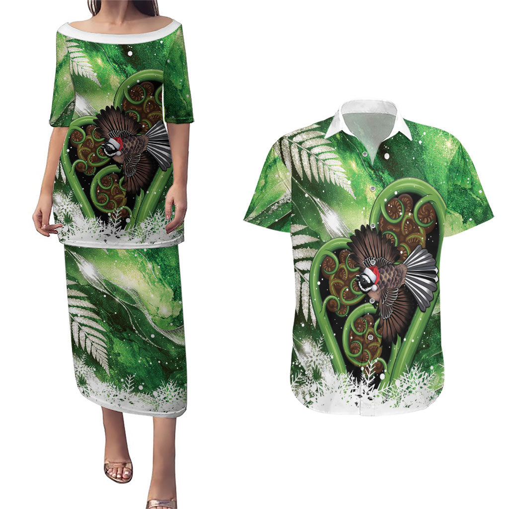 Piwakawaka New Zealand Christmas In July Couples Matching Puletasi and Hawaiian Shirt NZ Aroha Koru Fern Marble Vibes