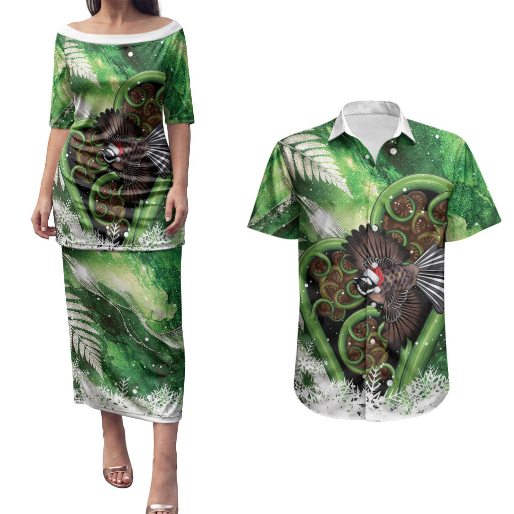 Piwakawaka New Zealand Christmas In July Couples Matching Puletasi and Hawaiian Shirt NZ Aroha Koru Fern Marble Vibes LT14 Green - Polynesian Pride