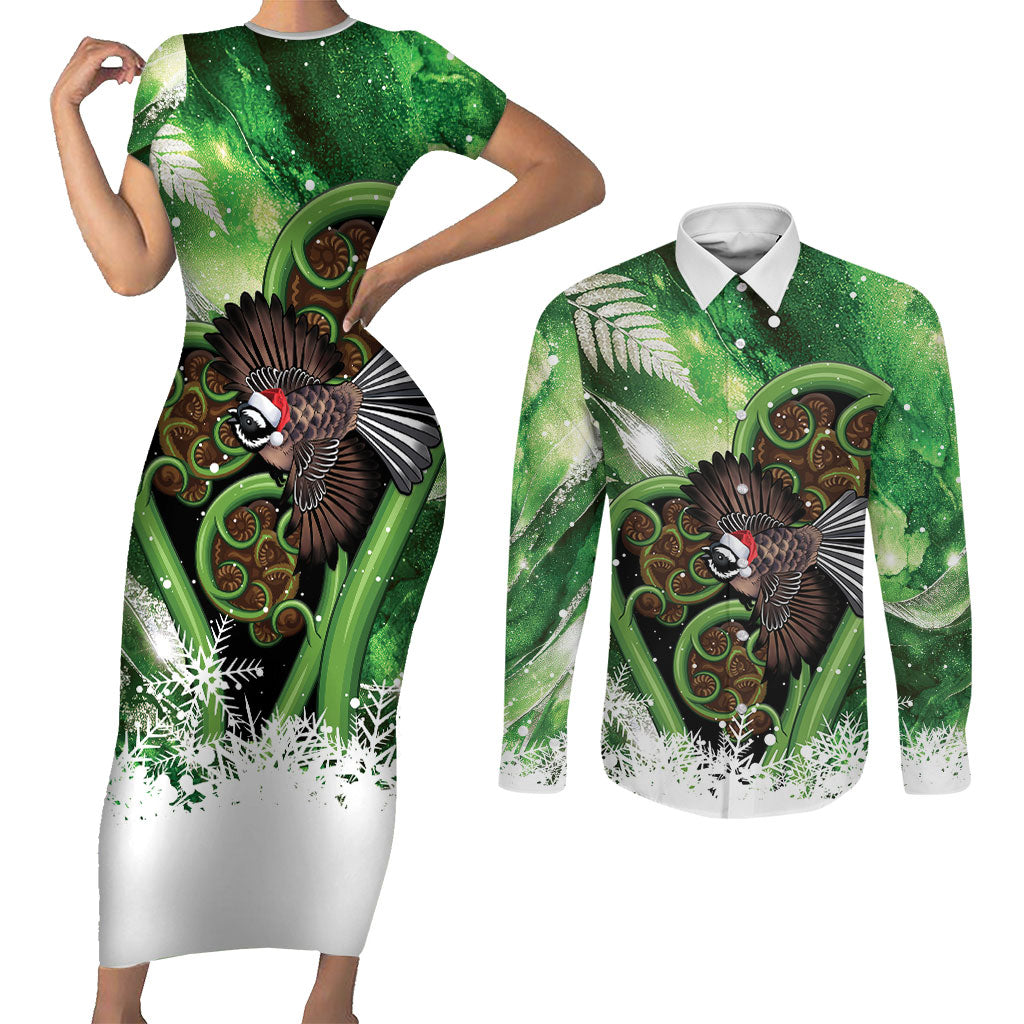 Piwakawaka New Zealand Christmas In July Couples Matching Short Sleeve Bodycon Dress and Long Sleeve Button Shirt NZ Aroha Koru Fern Marble Vibes