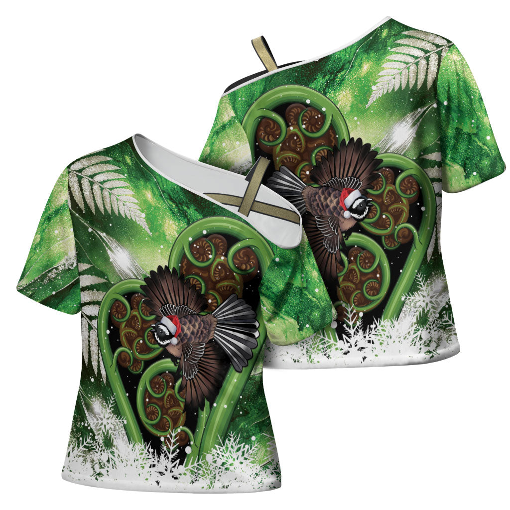 Piwakawaka New Zealand Christmas In July Cross Shoulder Shirt NZ Aroha Koru Fern Marble Vibes