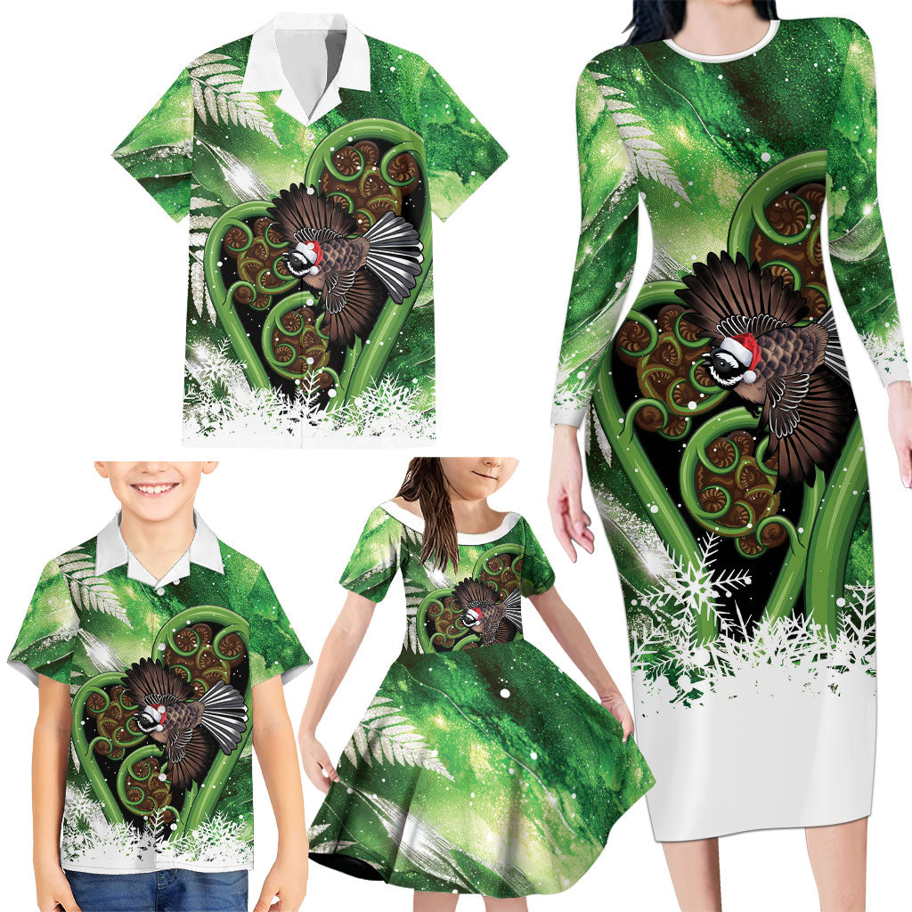Piwakawaka New Zealand Christmas In July Family Matching Long Sleeve Bodycon Dress and Hawaiian Shirt NZ Aroha Koru Fern Marble Vibes