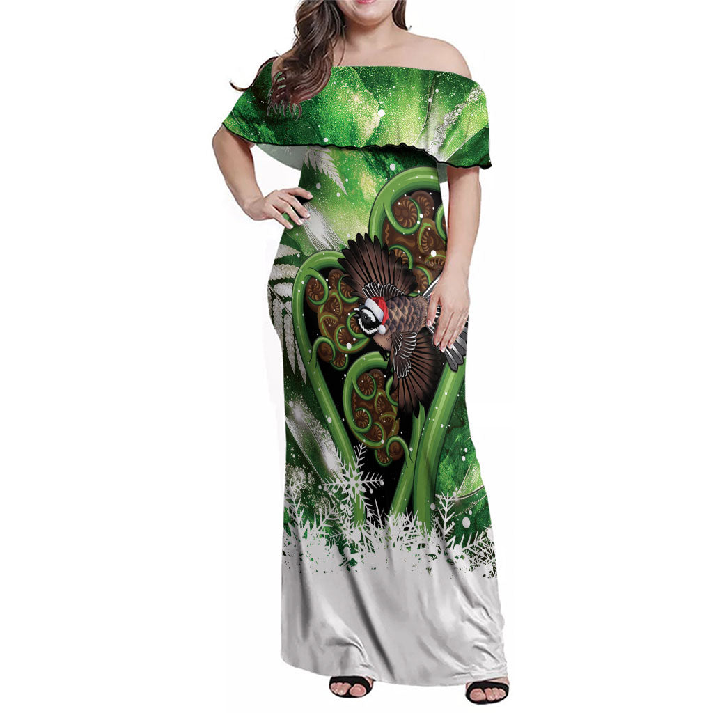 Piwakawaka New Zealand Christmas In July Family Matching Off Shoulder Maxi Dress and Hawaiian Shirt NZ Aroha Koru Fern Marble Vibes