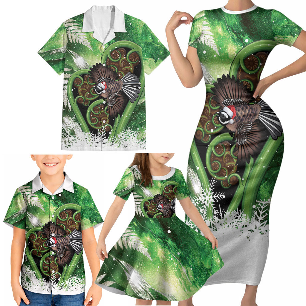 Piwakawaka New Zealand Christmas In July Family Matching Short Sleeve Bodycon Dress and Hawaiian Shirt NZ Aroha Koru Fern Marble Vibes LT14 - Polynesian Pride