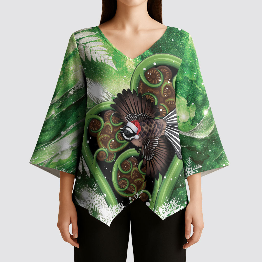 Piwakawaka New Zealand Christmas In July Kimono Sleeve Blouse NZ Aroha Koru Fern Marble Vibes