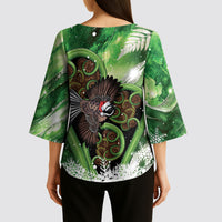 Piwakawaka New Zealand Christmas In July Kimono Sleeve Blouse NZ Aroha Koru Fern Marble Vibes