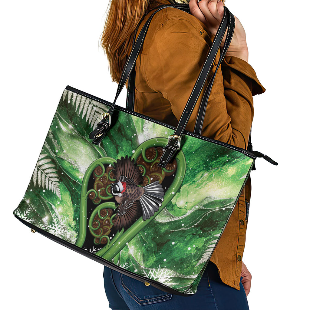 Piwakawaka New Zealand Christmas In July Leather Tote Bag NZ Aroha Koru Fern Marble Vibes
