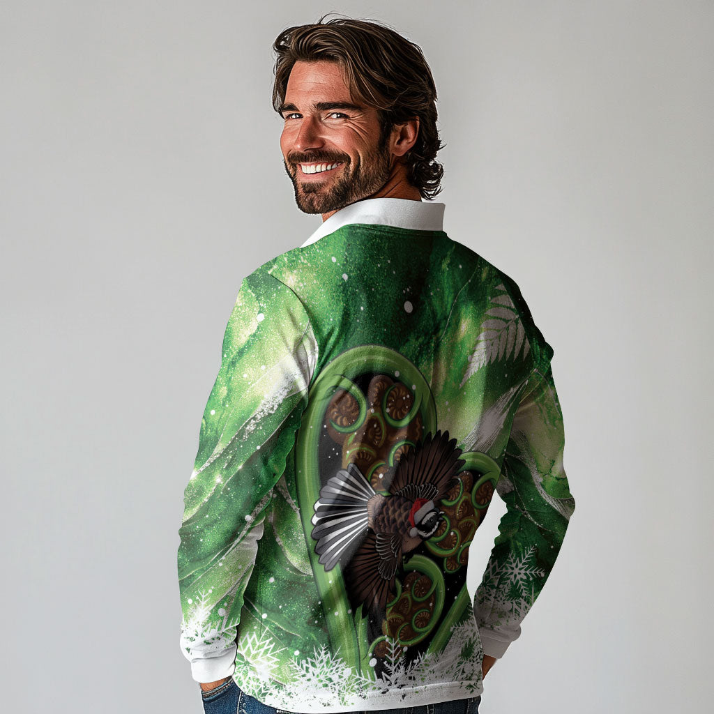 Piwakawaka New Zealand Christmas In July Long Sleeve Polo Shirt NZ Aroha Koru Fern Marble Vibes