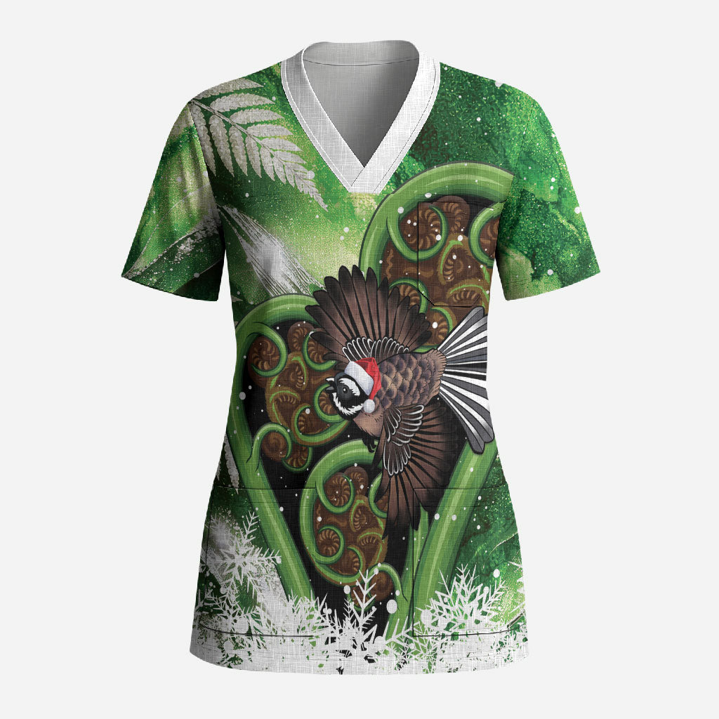 Piwakawaka New Zealand Christmas In July Scrub Top NZ Aroha Koru Fern Marble Vibes