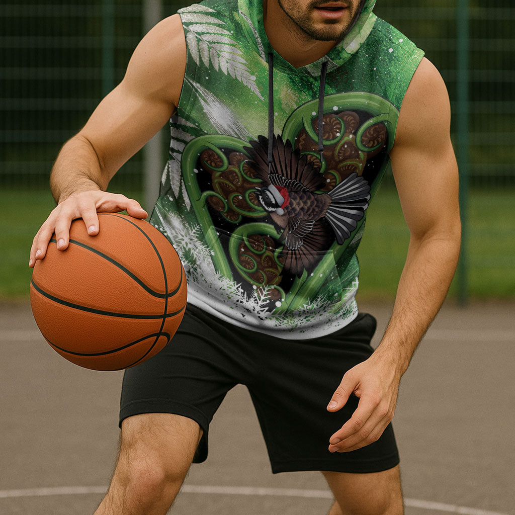 Piwakawaka New Zealand Christmas In July Sleeveless Hoodie NZ Aroha Koru Fern Marble Vibes