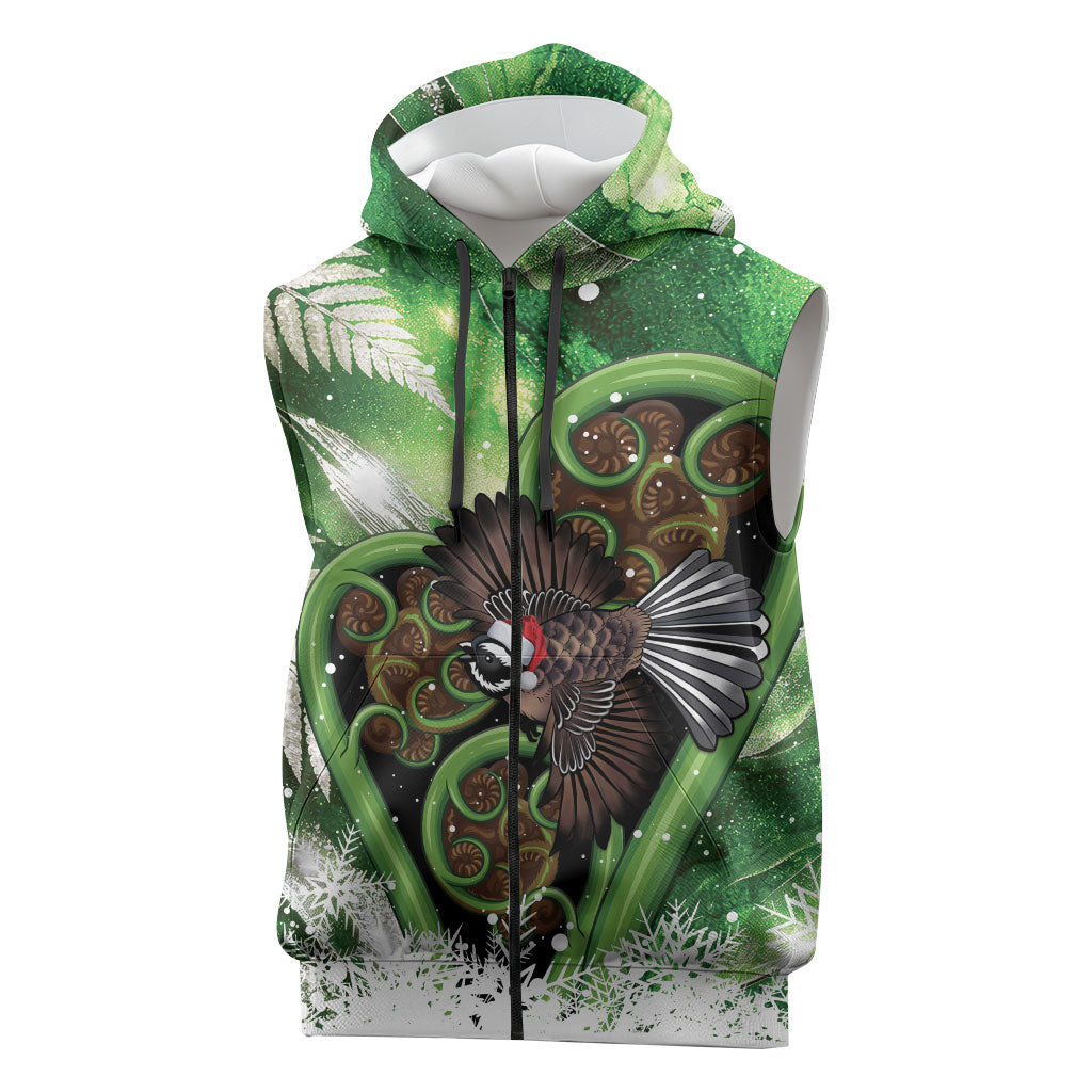 Piwakawaka New Zealand Christmas In July Sleeveless Zip Hoodie NZ Aroha Koru Fern Marble Vibes LT14 Green - Polynesian Pride
