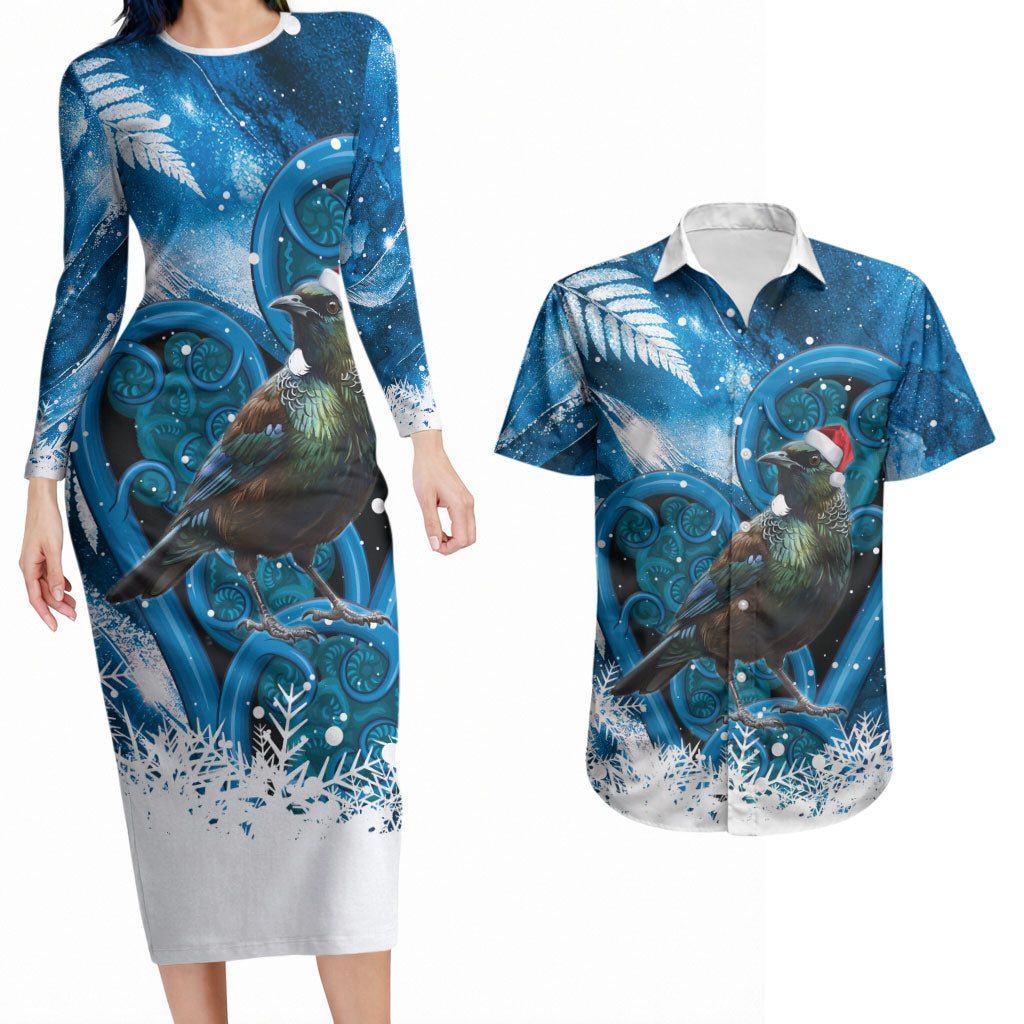 Tui Bird New Zealand Christmas In July Couples Matching Long Sleeve Bodycon Dress and Hawaiian Shirt NZ Aroha Koru Fern Marble Vibes LT14 Blue - Polynesian Pride