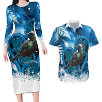 Tui Bird New Zealand Christmas In July Couples Matching Long Sleeve Bodycon Dress and Hawaiian Shirt NZ Aroha Koru Fern Marble Vibes