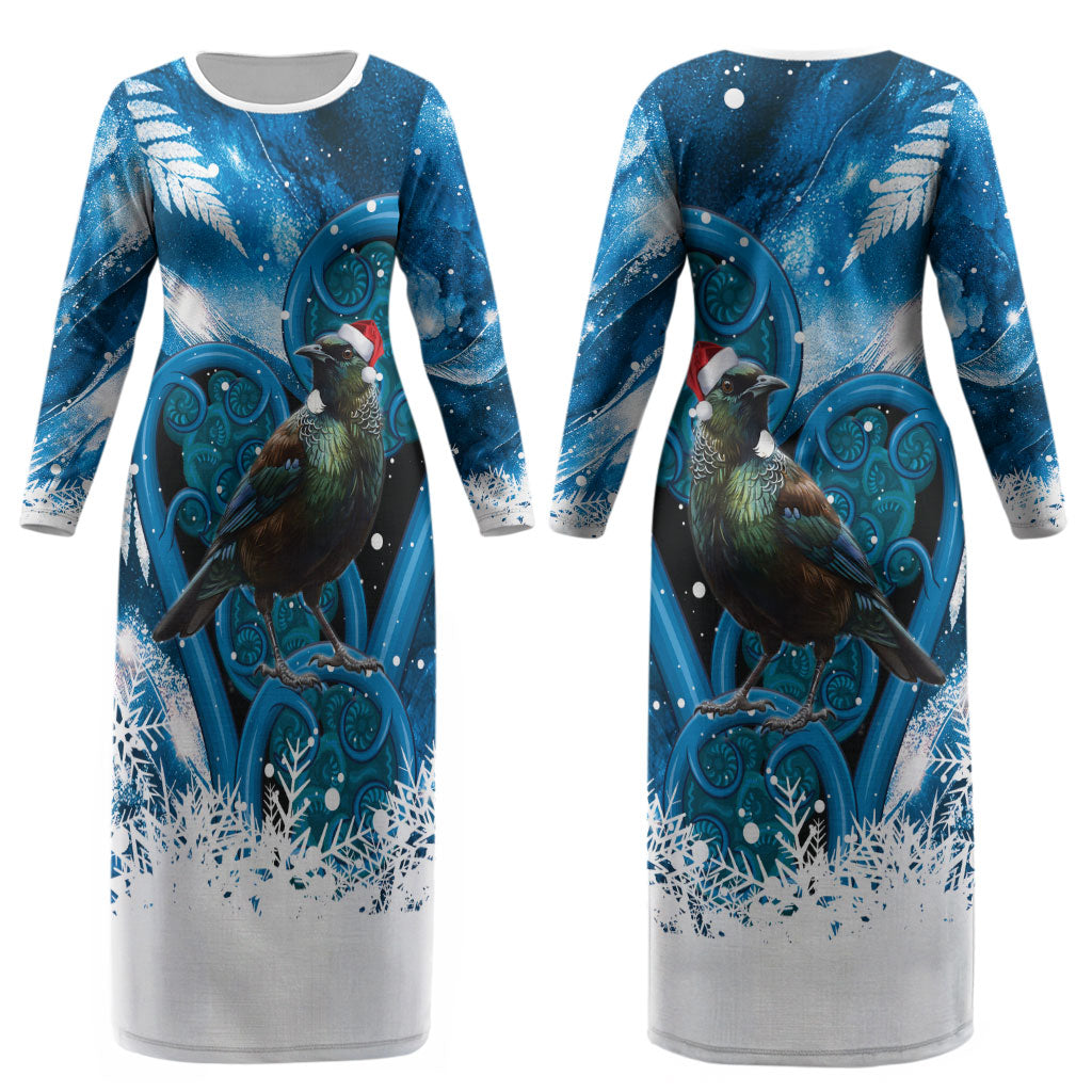Tui Bird New Zealand Christmas In July Couples Matching Long Sleeve Bodycon Dress and Long Sleeve Button Shirt NZ Aroha Koru Fern Marble Vibes LT14 - Polynesian Pride