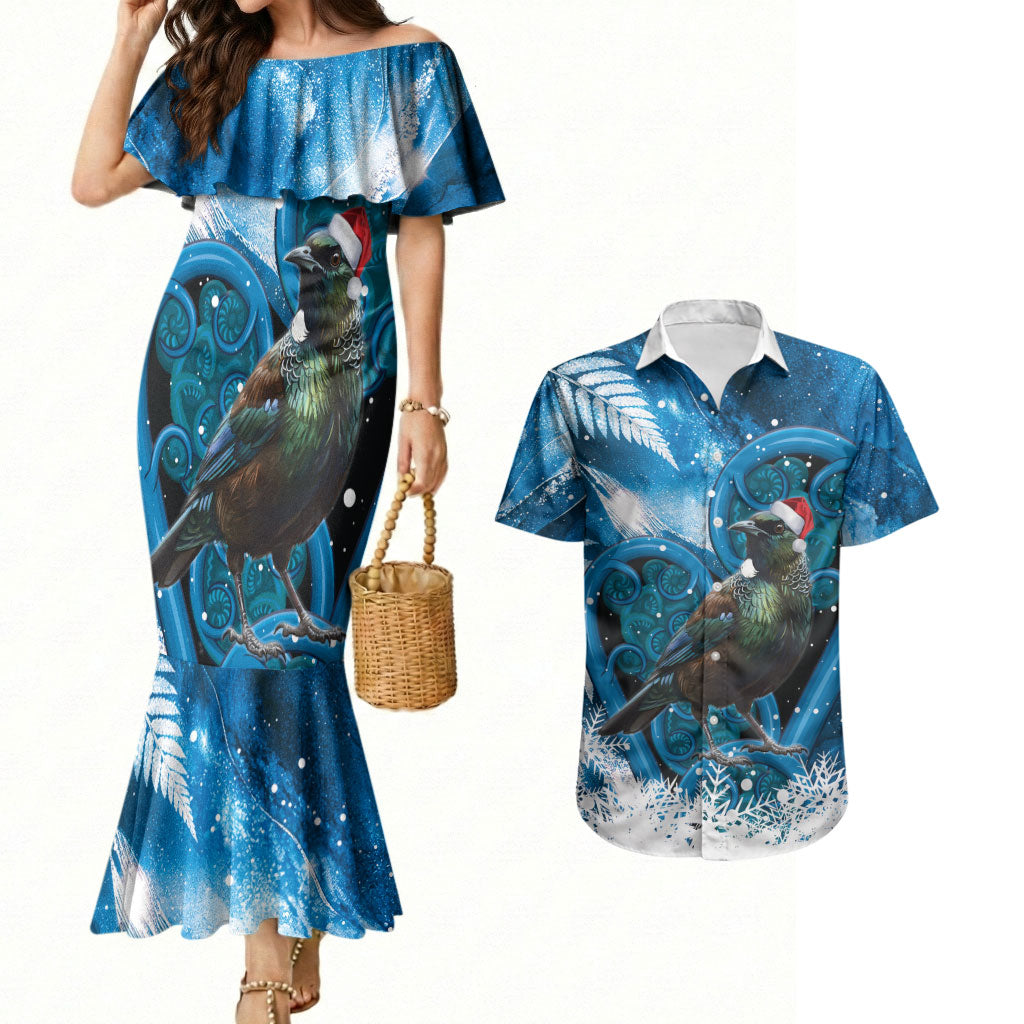 Tui Bird New Zealand Christmas In July Couples Matching Mermaid Dress and Hawaiian Shirt NZ Aroha Koru Fern Marble Vibes LT14 Blue - Polynesian Pride