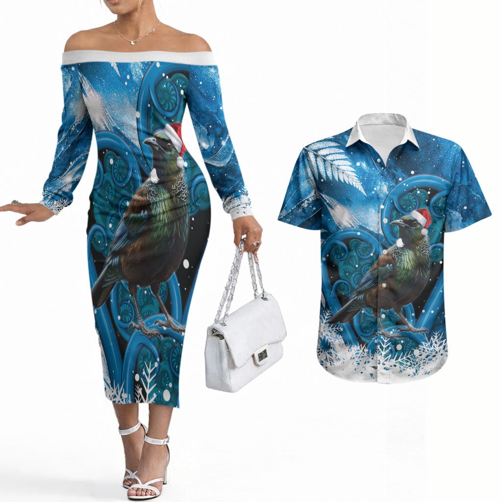 Tui Bird New Zealand Christmas In July Couples Matching Off The Shoulder Long Sleeve Dress and Hawaiian Shirt NZ Aroha Koru Fern Marble Vibes LT14 Blue - Polynesian Pride