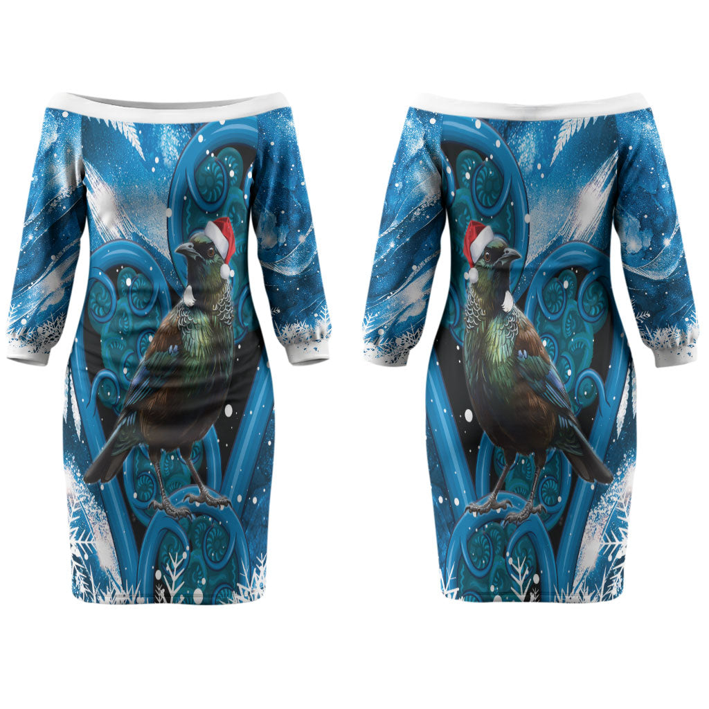 Tui Bird New Zealand Christmas In July Couples Matching Off The Shoulder Long Sleeve Dress and Long Sleeve Button Shirt NZ Aroha Koru Fern Marble Vibes LT14 - Polynesian Pride