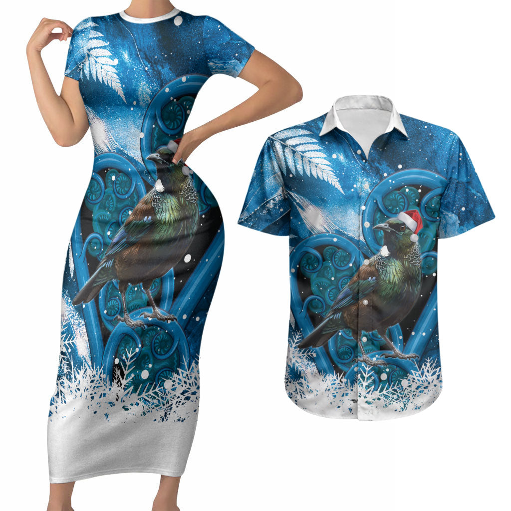 Tui Bird New Zealand Christmas In July Couples Matching Short Sleeve Bodycon Dress and Hawaiian Shirt NZ Aroha Koru Fern Marble Vibes LT14 Blue - Polynesian Pride