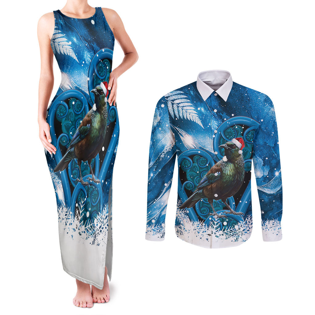 Tui Bird New Zealand Christmas In July Couples Matching Tank Maxi Dress and Long Sleeve Button Shirt NZ Aroha Koru Fern Marble Vibes