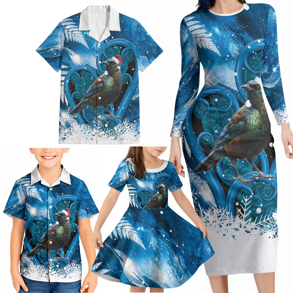 Tui Bird New Zealand Christmas In July Family Matching Long Sleeve Bodycon Dress and Hawaiian Shirt NZ Aroha Koru Fern Marble Vibes LT14 - Polynesian Pride