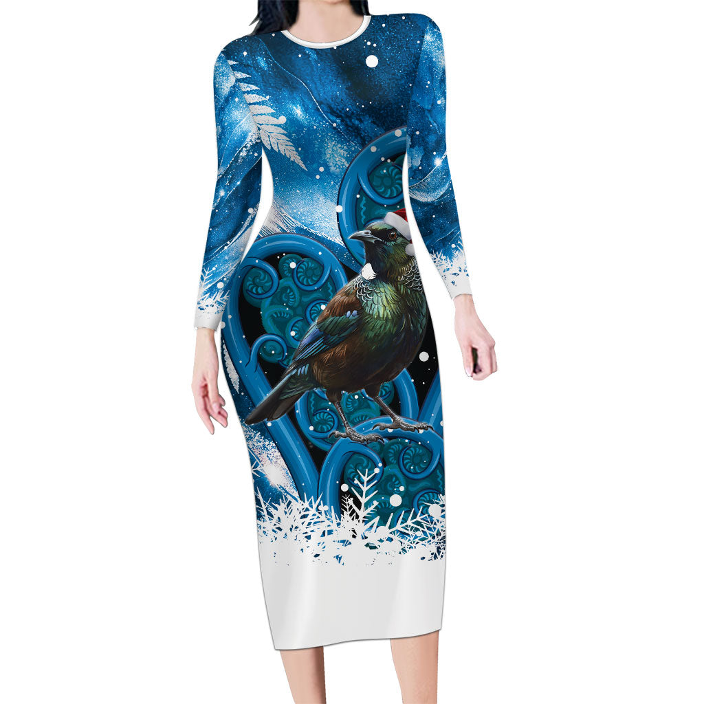 Tui Bird New Zealand Christmas In July Family Matching Long Sleeve Bodycon Dress and Hawaiian Shirt NZ Aroha Koru Fern Marble Vibes