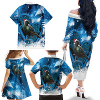Tui Bird New Zealand Christmas In July Family Matching Off The Shoulder Long Sleeve Dress and Hawaiian Shirt NZ Aroha Koru Fern Marble Vibes