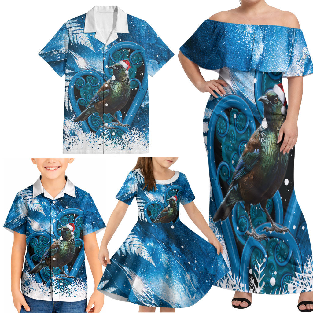 Tui Bird New Zealand Christmas In July Family Matching Off Shoulder Maxi Dress and Hawaiian Shirt NZ Aroha Koru Fern Marble Vibes LT14 - Polynesian Pride