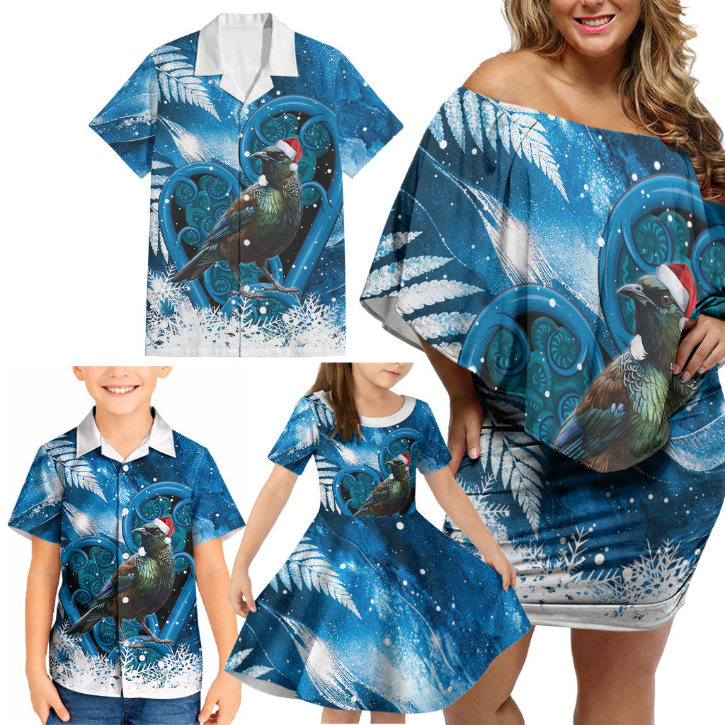 Tui Bird New Zealand Christmas In July Family Matching Off Shoulder Short Dress and Hawaiian Shirt NZ Aroha Koru Fern Marble Vibes LT14 - Polynesian Pride