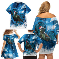 Tui Bird New Zealand Christmas In July Family Matching Off Shoulder Short Dress and Hawaiian Shirt NZ Aroha Koru Fern Marble Vibes