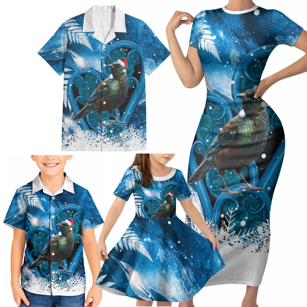 Tui Bird New Zealand Christmas In July Family Matching Short Sleeve Bodycon Dress and Hawaiian Shirt NZ Aroha Koru Fern Marble Vibes LT14 - Polynesian Pride