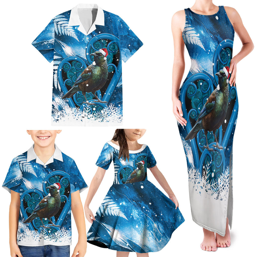 Tui Bird New Zealand Christmas In July Family Matching Tank Maxi Dress and Hawaiian Shirt NZ Aroha Koru Fern Marble Vibes