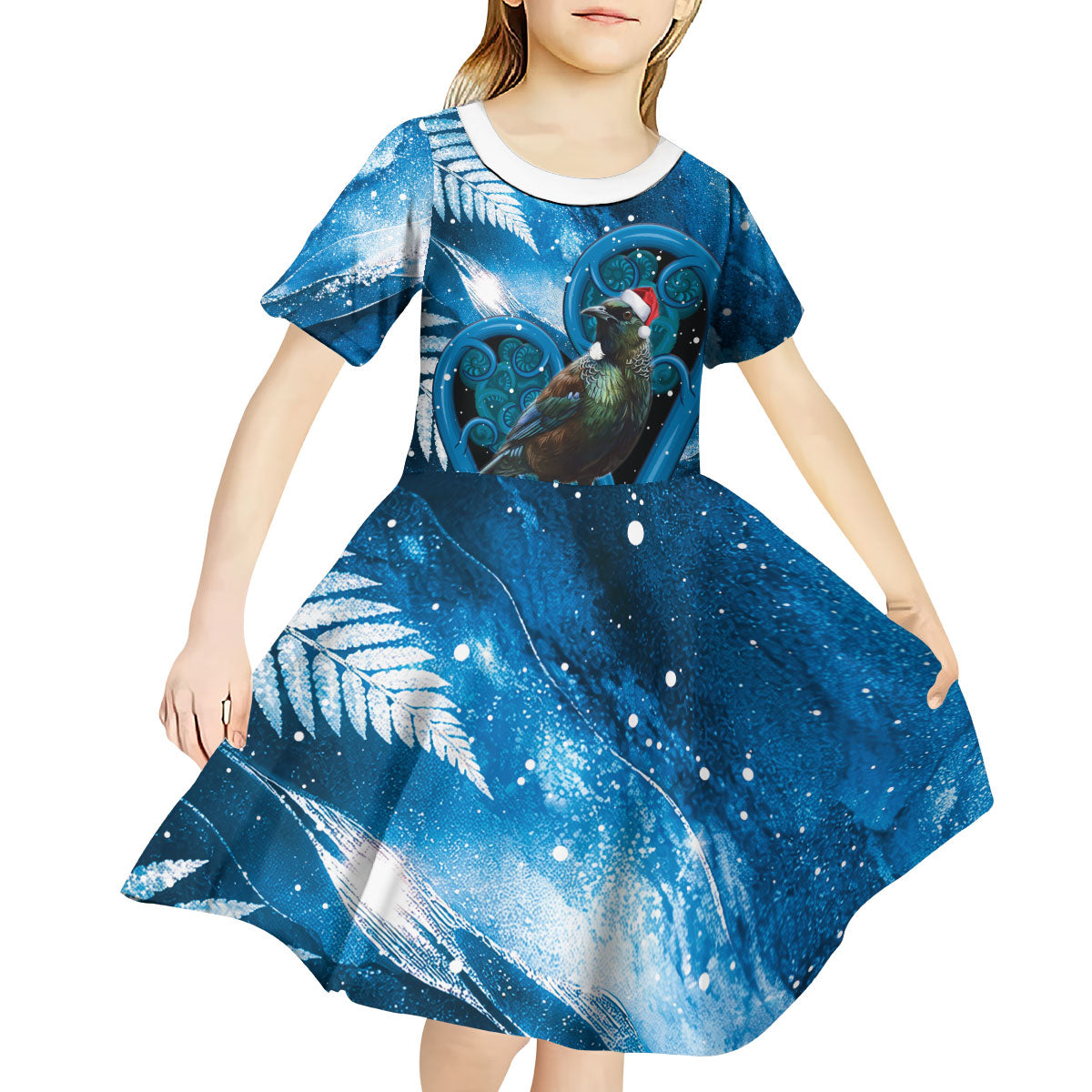 Tui Bird New Zealand Christmas In July Kid Short Sleeve Dress NZ Aroha Koru Fern Marble Vibes